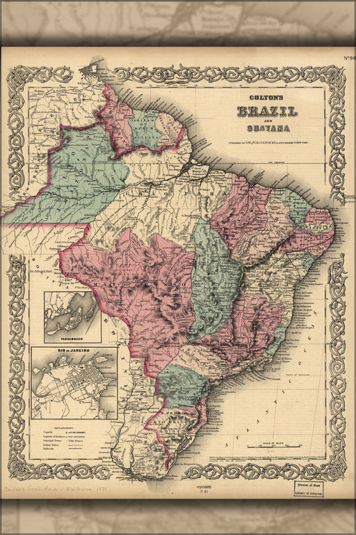 24"x36" Gallery Poster, Colton's map of Brazil with Guyana 1871