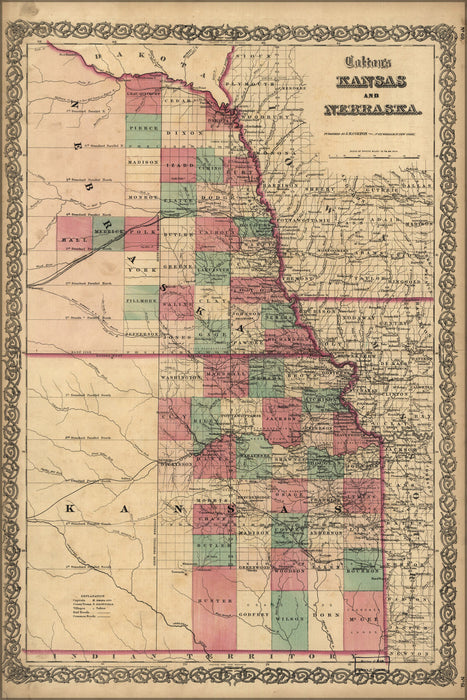 24"x36" Gallery Poster, Colton's map of Kansas and Nebraska 1855