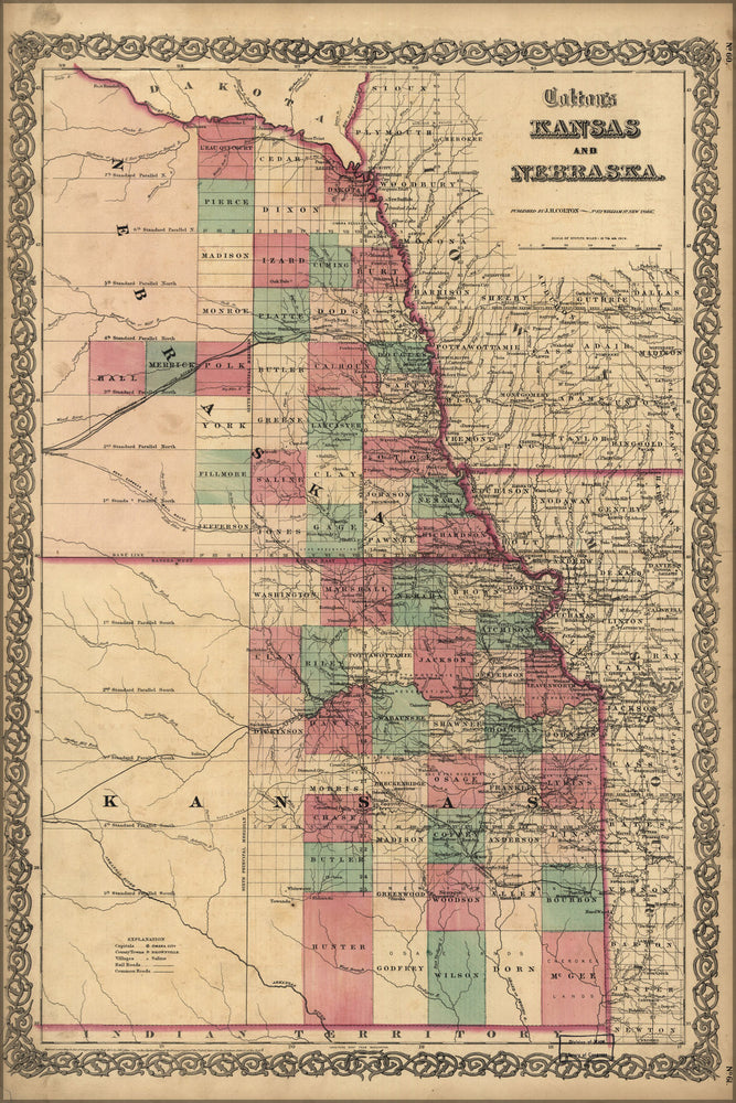 24"x36" Gallery Poster, Colton's map of Kansas and Nebraska 1855