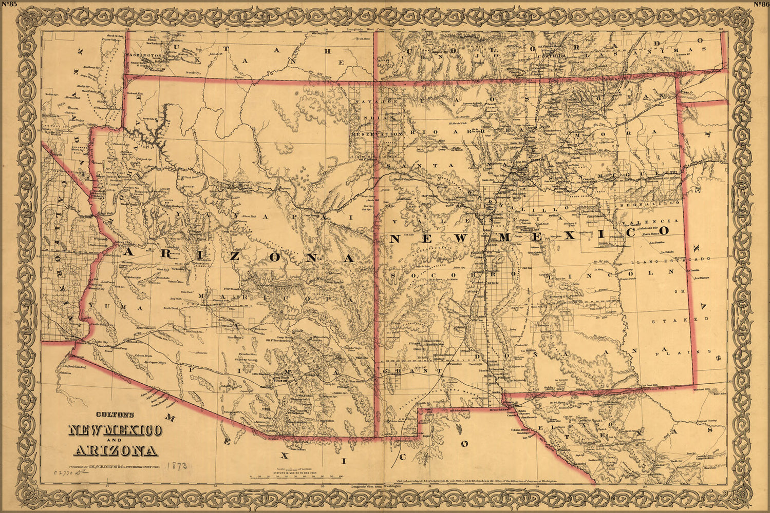 24"x36" Gallery Poster, Colton's map of New Mexico and Arizona 1873