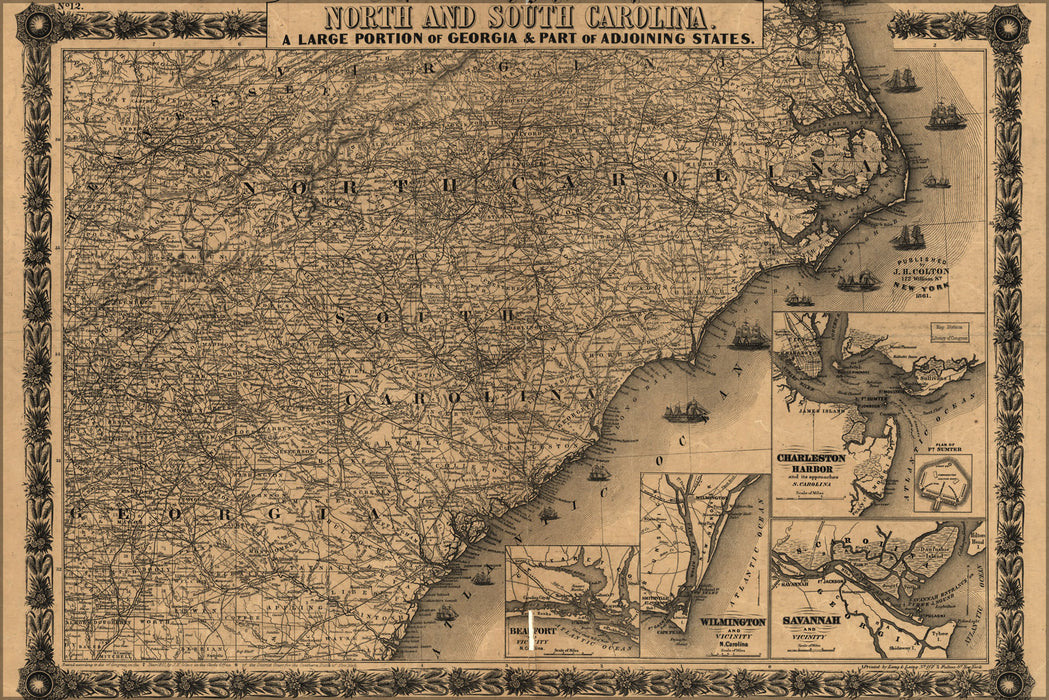 24"x36" Gallery Poster, Colton's map of North and South Carolina 1861