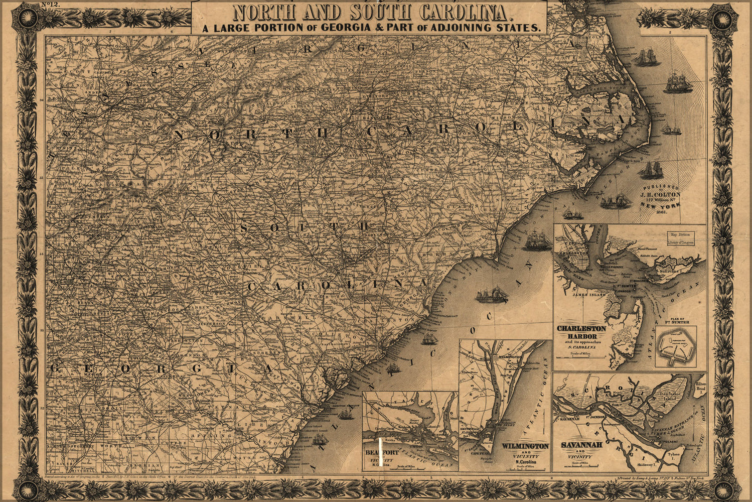 24"x36" Gallery Poster, Colton's map of North and South Carolina 1861