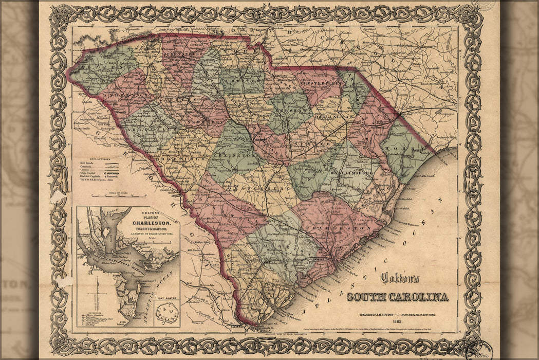 24"x36" Gallery Poster, Colton's map of South Carolina 1865