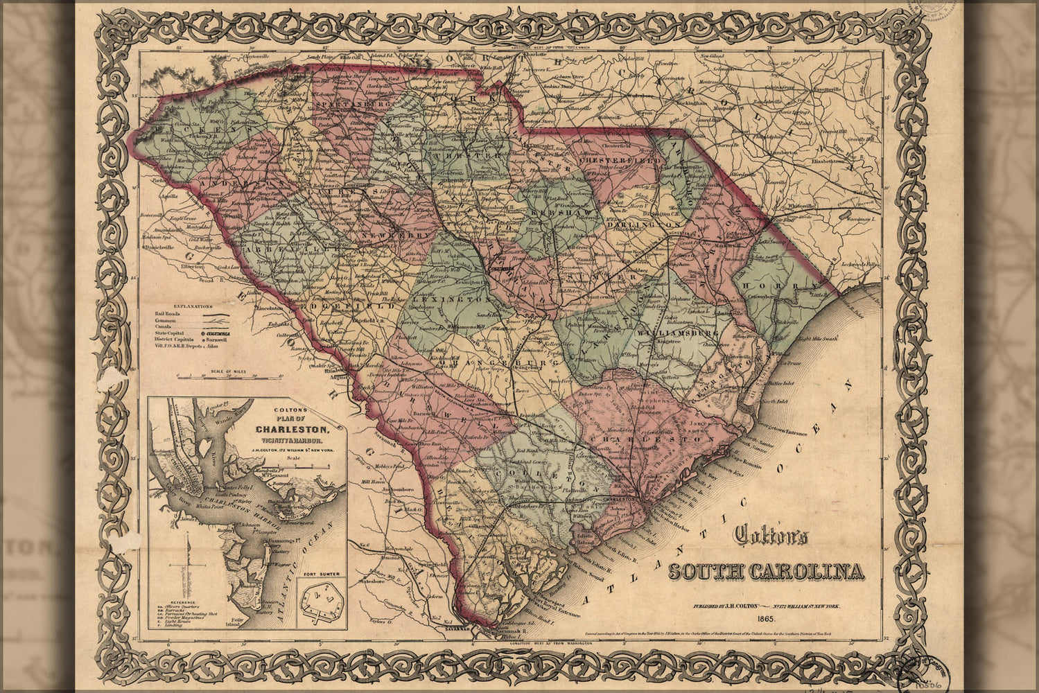 24"x36" Gallery Poster, Colton's map of South Carolina 1865