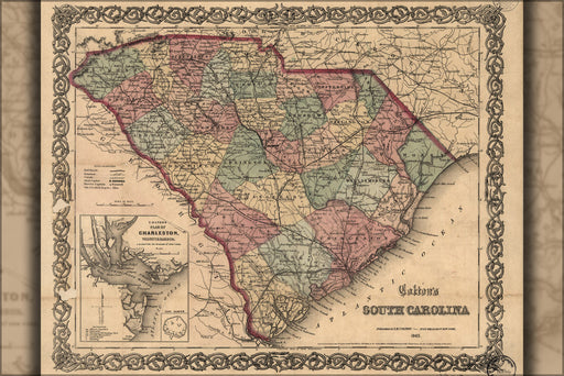 24"x36" Gallery Poster, Colton's map of South Carolina 1865