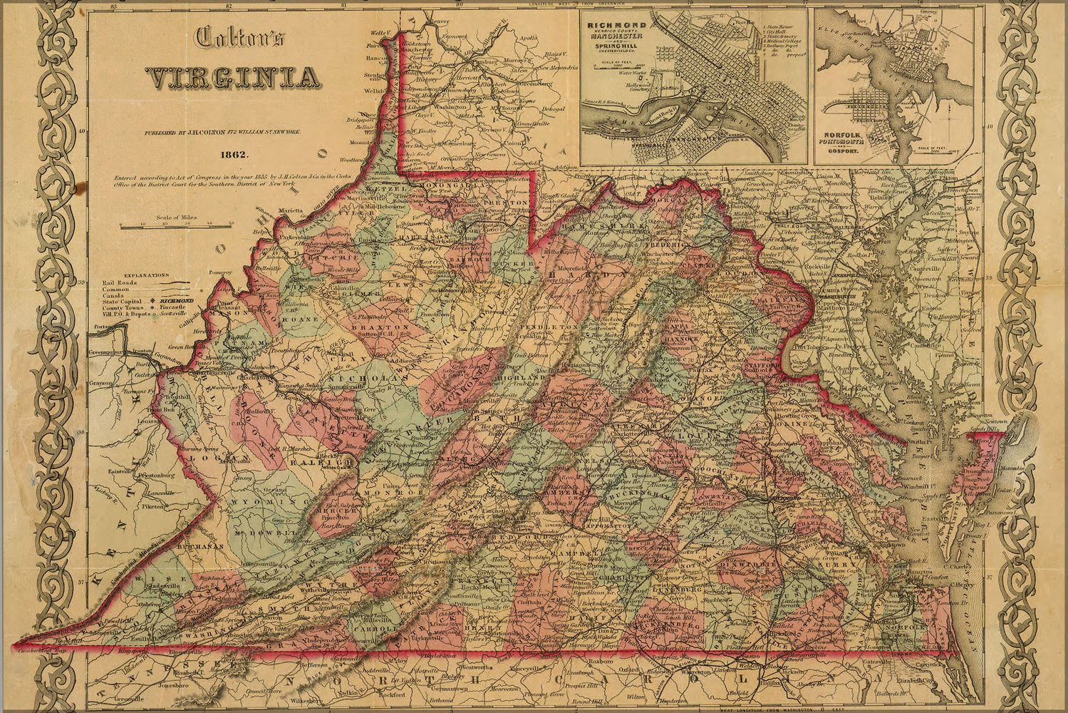 24"x36" Gallery Poster, Colton's map of Virginia 1855