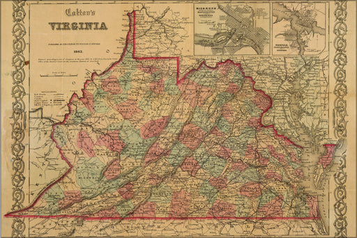 24"x36" Gallery Poster, Colton's map of Virginia 1855