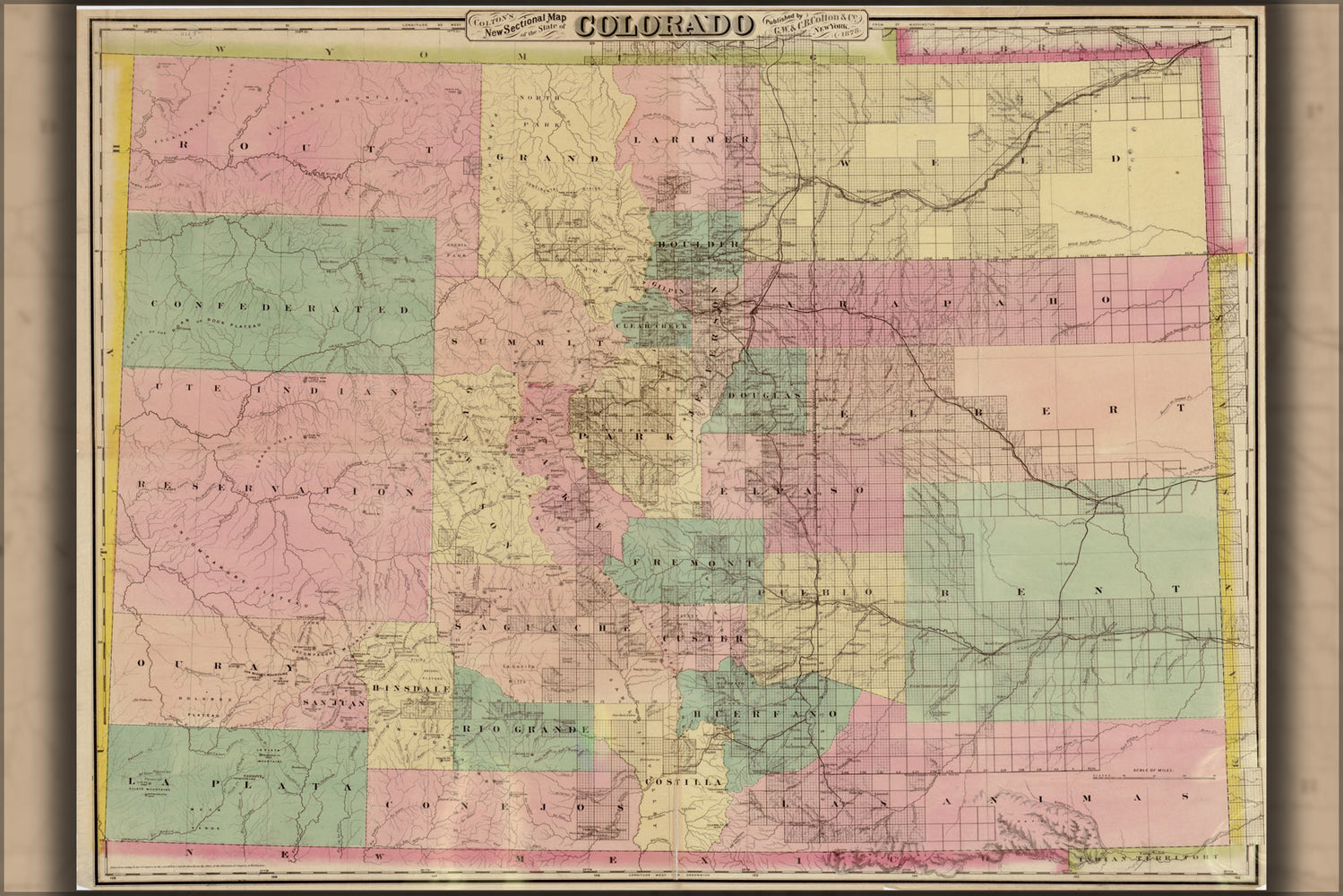24"x36" Gallery Poster, Colton's map of the State of Colorado 1878