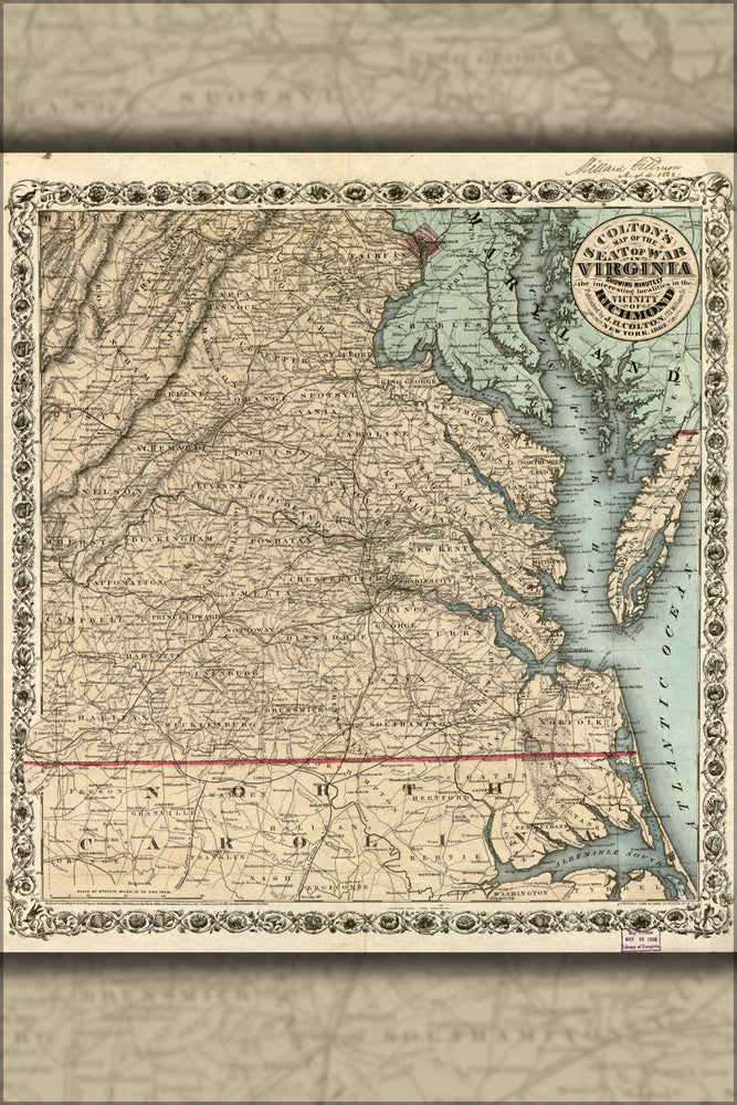 24"x36" Gallery Poster, Colton's map of the seat of war in Virginia 1862