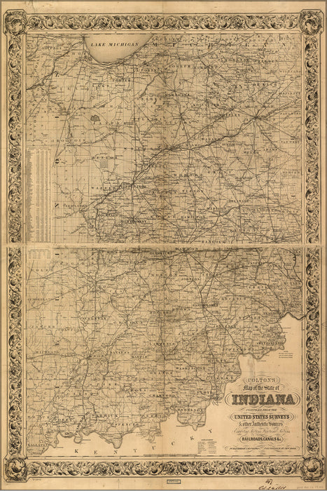 24"x36" Gallery Poster, Colton's map of the state of Indiana 1860