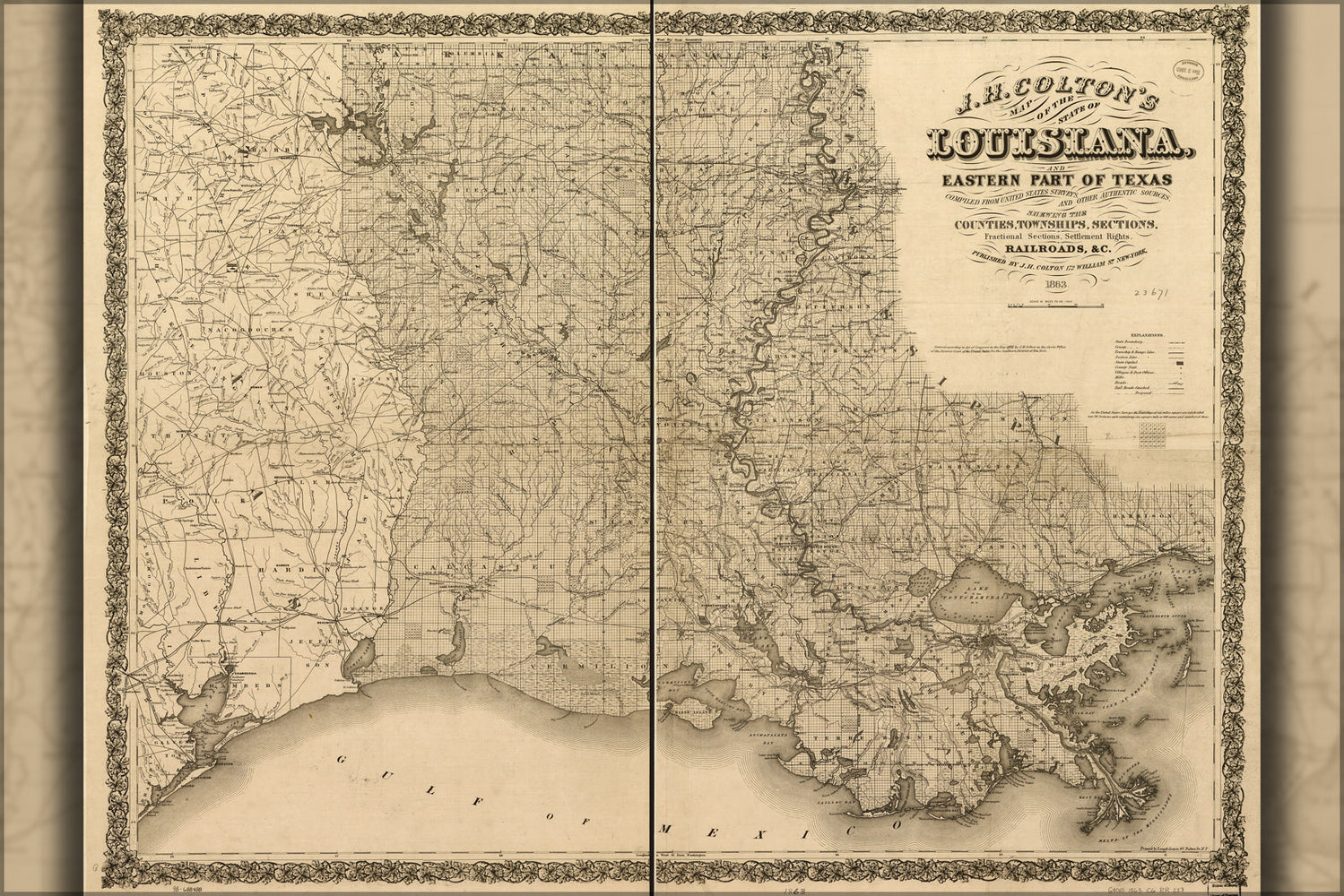 24"x36" Gallery Poster, Colton's map of the state of Louisiana 1863