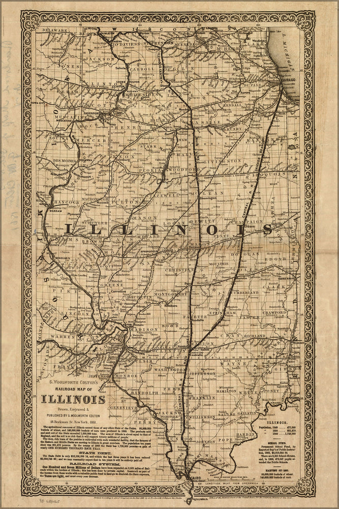 24"x36" Gallery Poster, Colton's railroad map of Illinois 1861