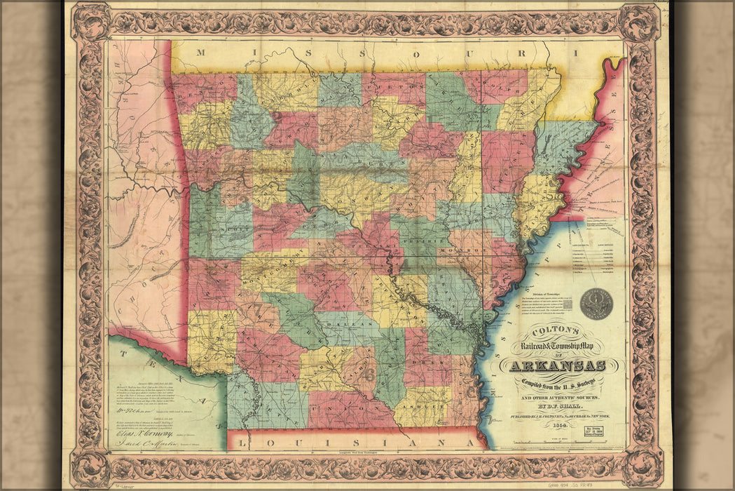 24"x36" Gallery Poster, Colton's railroad & township map of Arkansas 1854