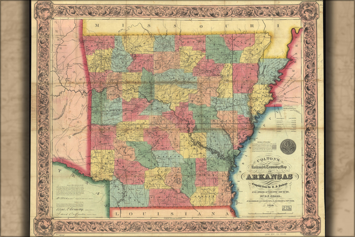 24"x36" Gallery Poster, Colton's railroad & township map of Arkansas 1854