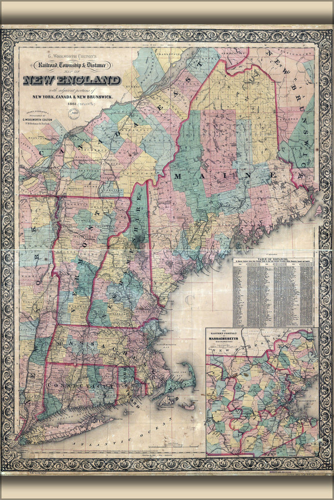 24"x36" Gallery Poster, Coltons railroad & distance map New England 1861