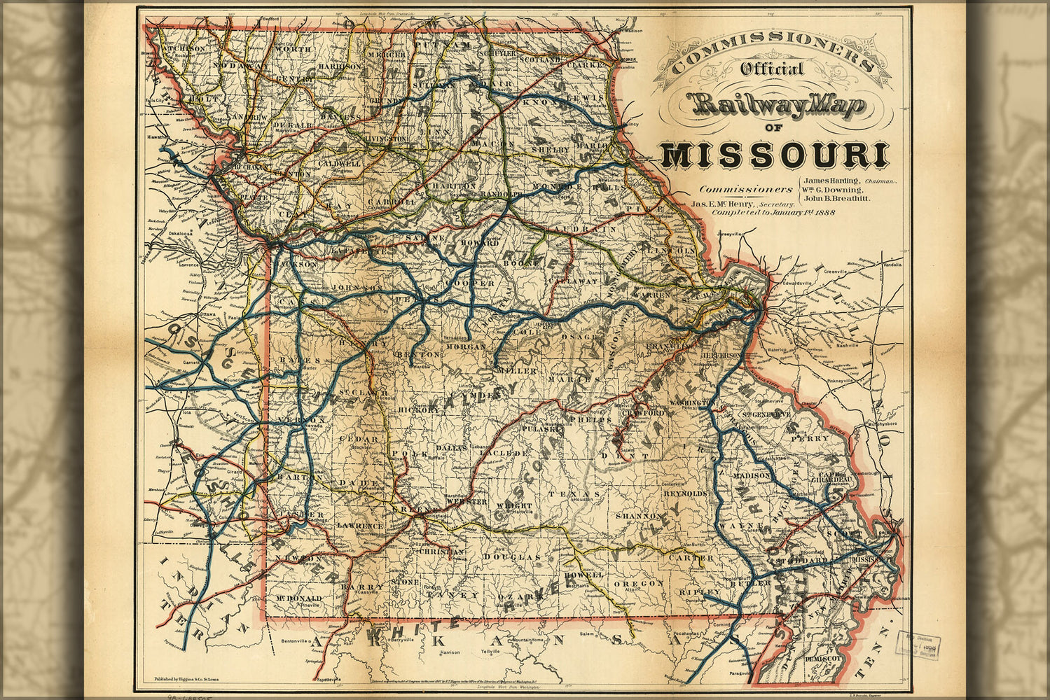 24"x36" Gallery Poster, Commissioners official railroad map Missouri 1888