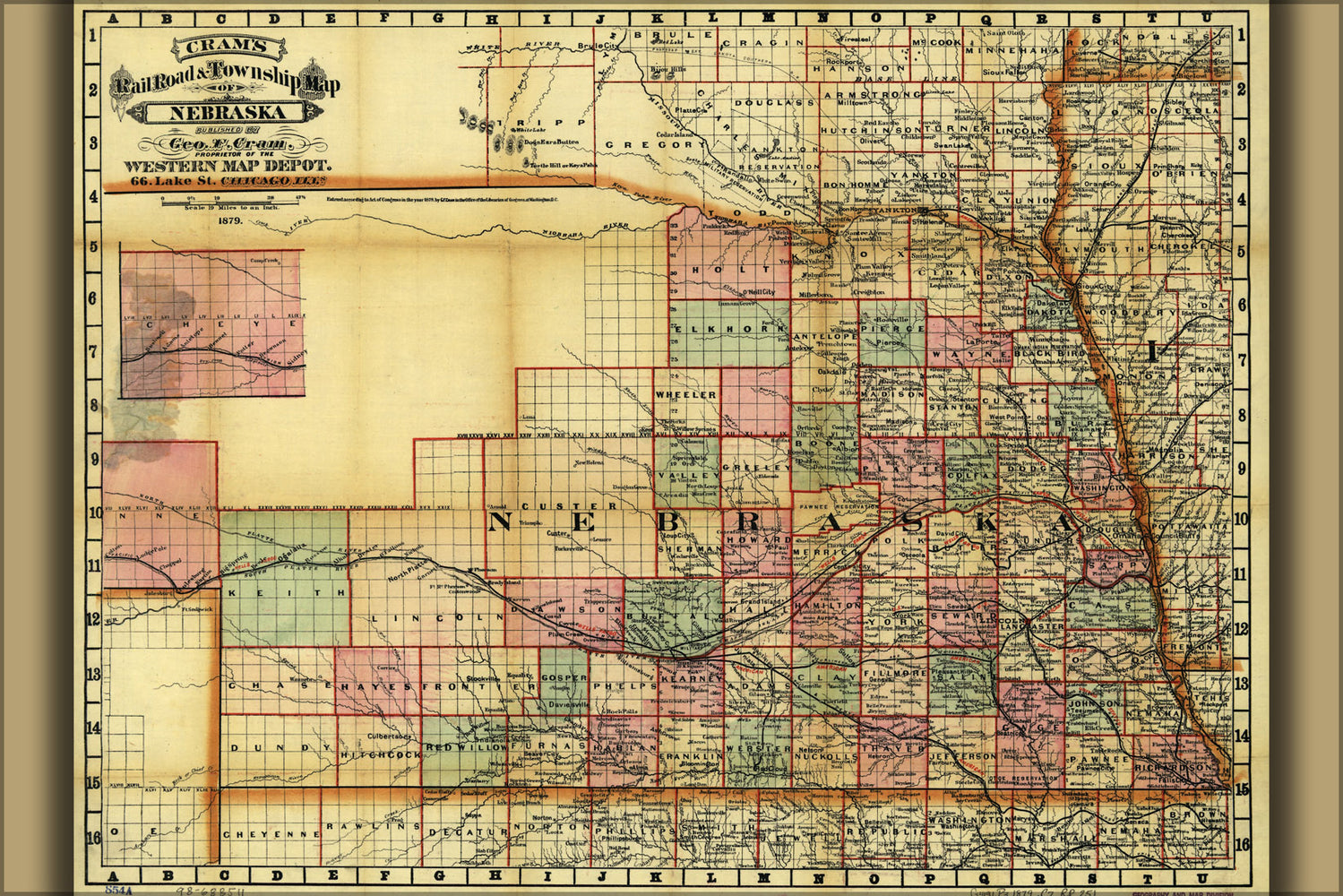 24"x36" Gallery Poster, Crams railroad and township map of Nebraska 1879