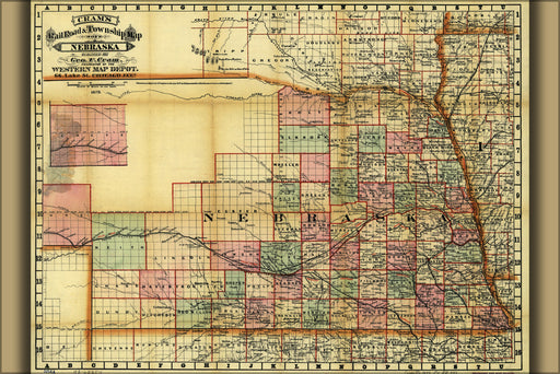 24"x36" Gallery Poster, Crams railroad and township map of Nebraska 1879