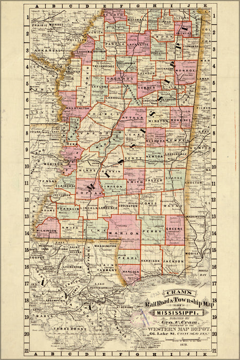 24"x36" Gallery Poster, Crams railroad township map of Mississippi 1878