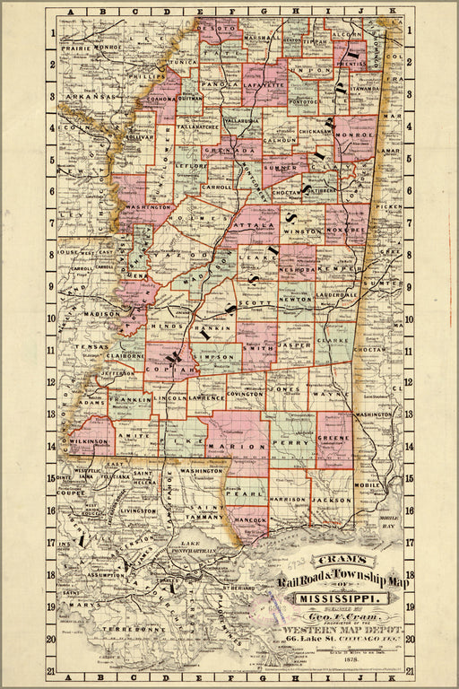 24"x36" Gallery Poster, Crams railroad township map of Mississippi 1878