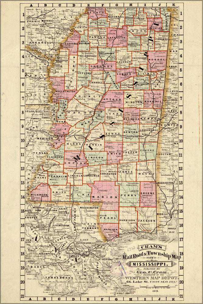 24"x36" Gallery Poster, Crams railroad township map of Mississippi 1878