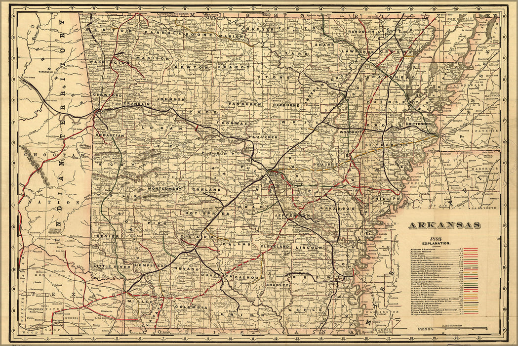24"x36" Gallery Poster, Crams township and railroad map of Arkansas 1895