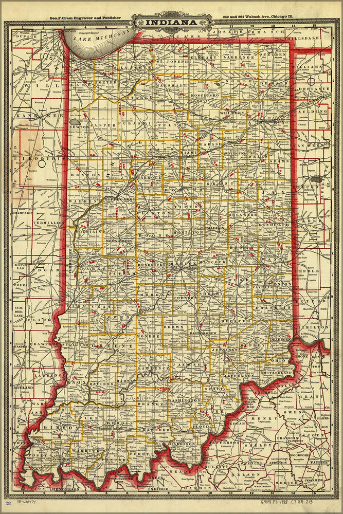24"x36" Gallery Poster, Crams township and railroad map of Indiana 1888