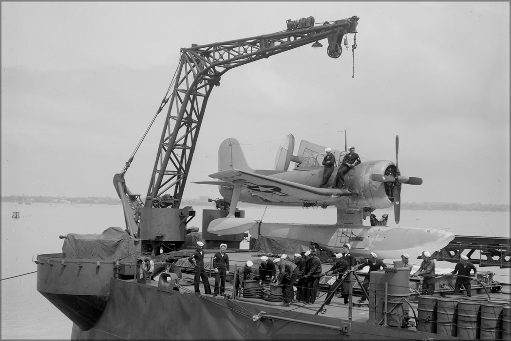 24"x36" Gallery Poster, Curtiss SC Seahawk floatplane on catapult USS Birmingham 1945