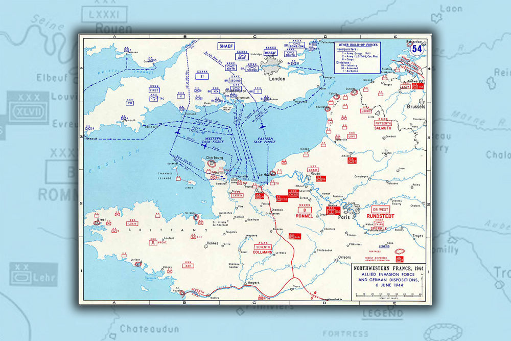 24"x36" Gallery Poster, D-day map assault routes into Normandy. operation overlord