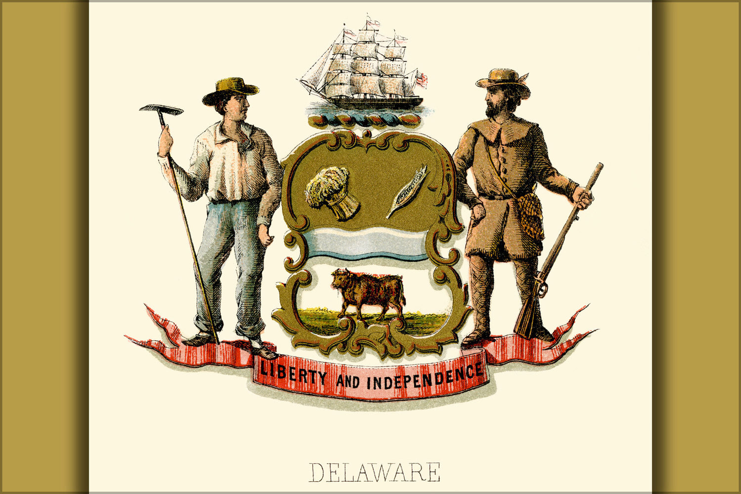 24"x36" Gallery Poster, Delaware state coat of arms (illustrated, 1876)