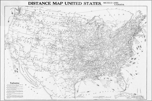24"x36" Gallery Poster, Distance map United States Mexico & Canada 1919
