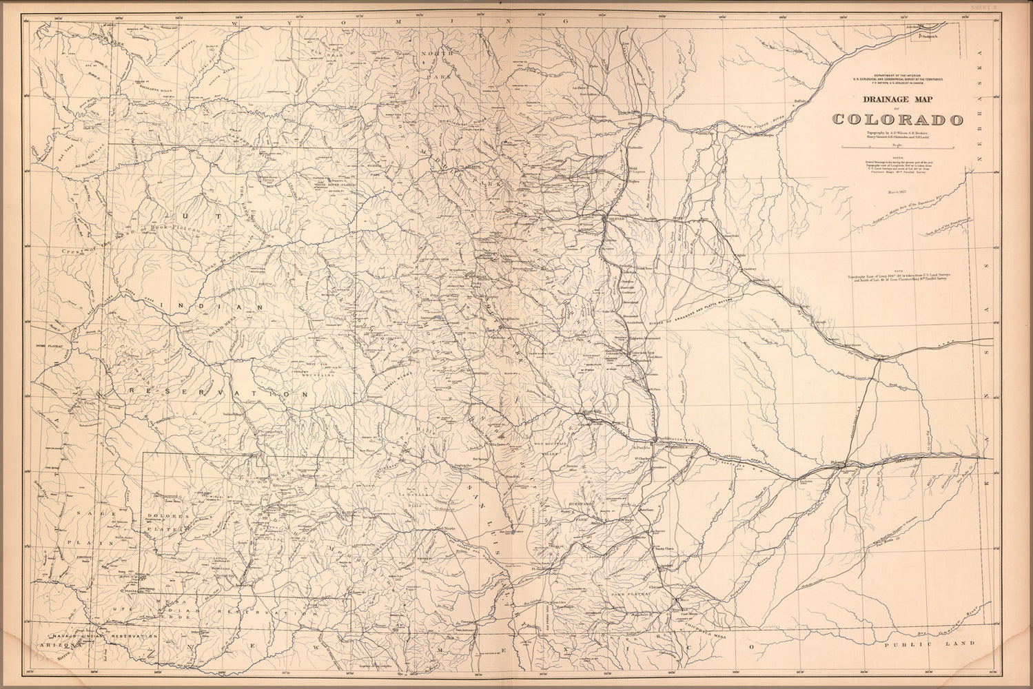 24"x36" Gallery Poster, Drainage Map of Colorado 1877