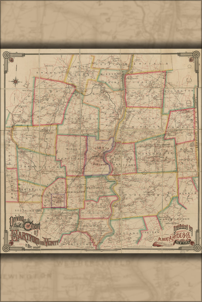 24"x36" Gallery Poster, Driving map of Hartford connecticut 1884