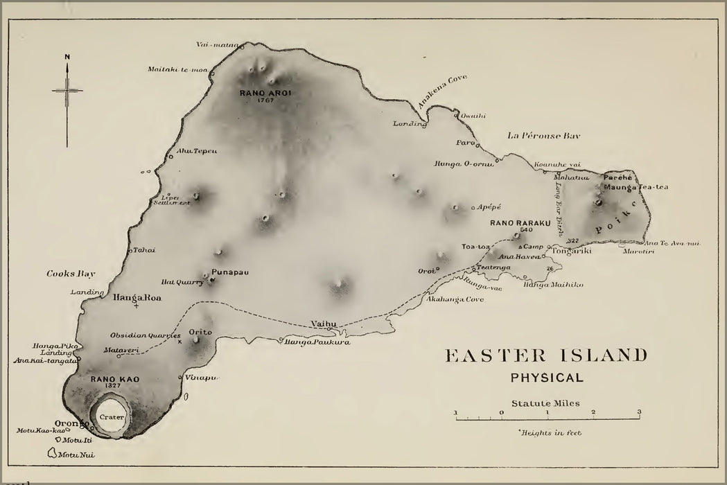 24"x36" Gallery Poster, Easter Island Physical map 1920