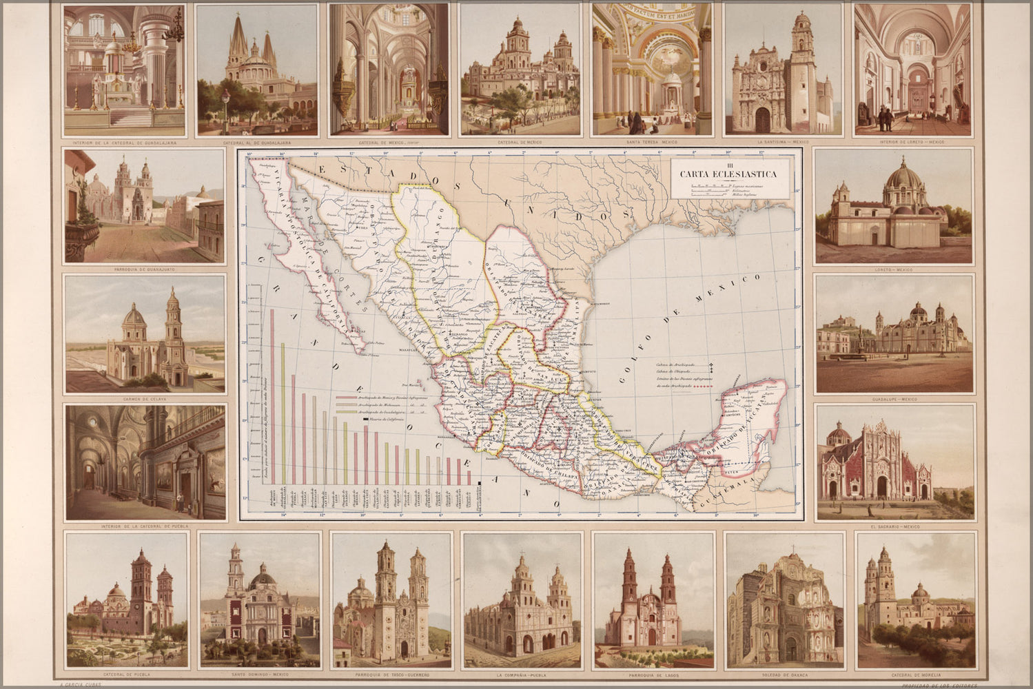 24"x36" Gallery Poster, Ecclesiastical map of mexico 1885
