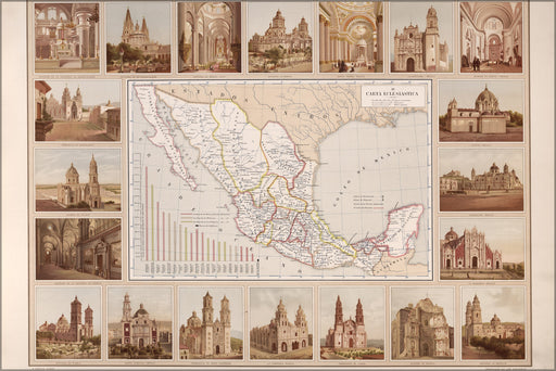 24"x36" Gallery Poster, Ecclesiastical map of mexico 1885