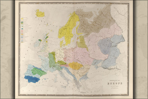 24"x36" Gallery Poster, Ethnographic Map of Europe 1848