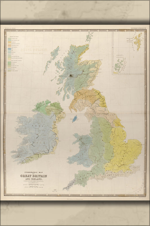 24"x36" Gallery Poster, Ethnographic Map of Great Britain & Ireland 1848