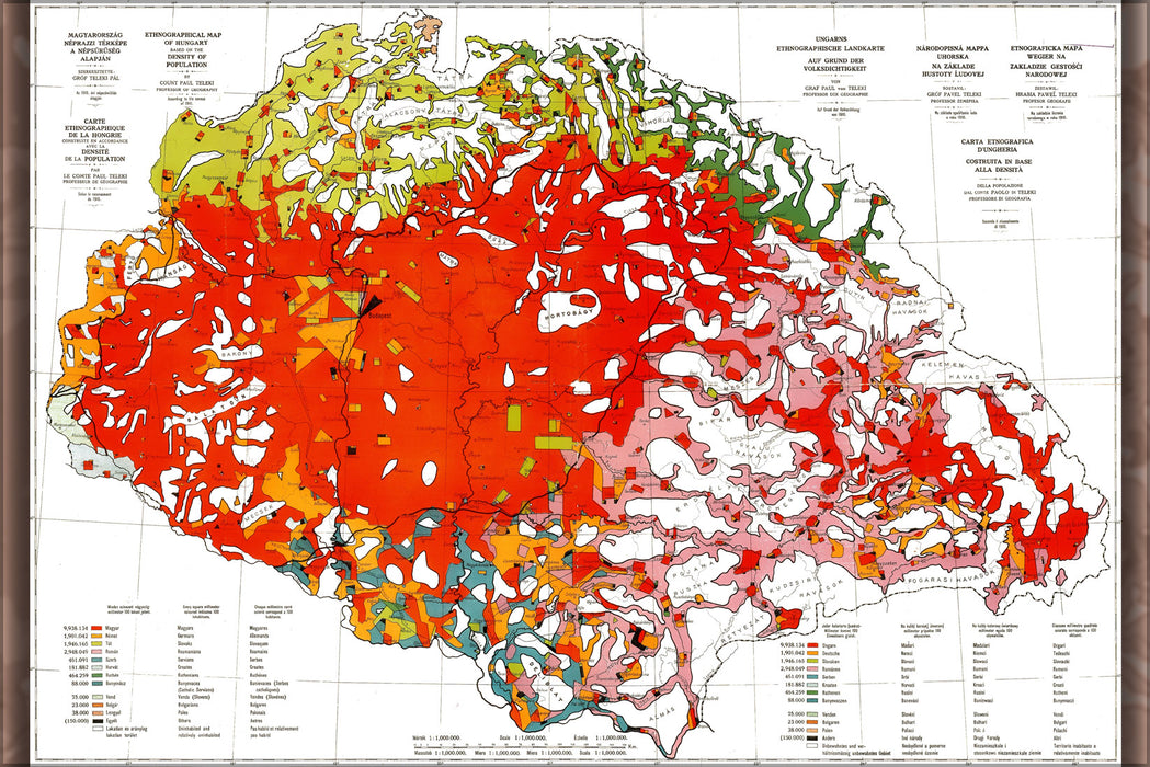 24"x36" Gallery Poster, Ethnographic map of Hungary, based on the density of population according to the census of 1910
