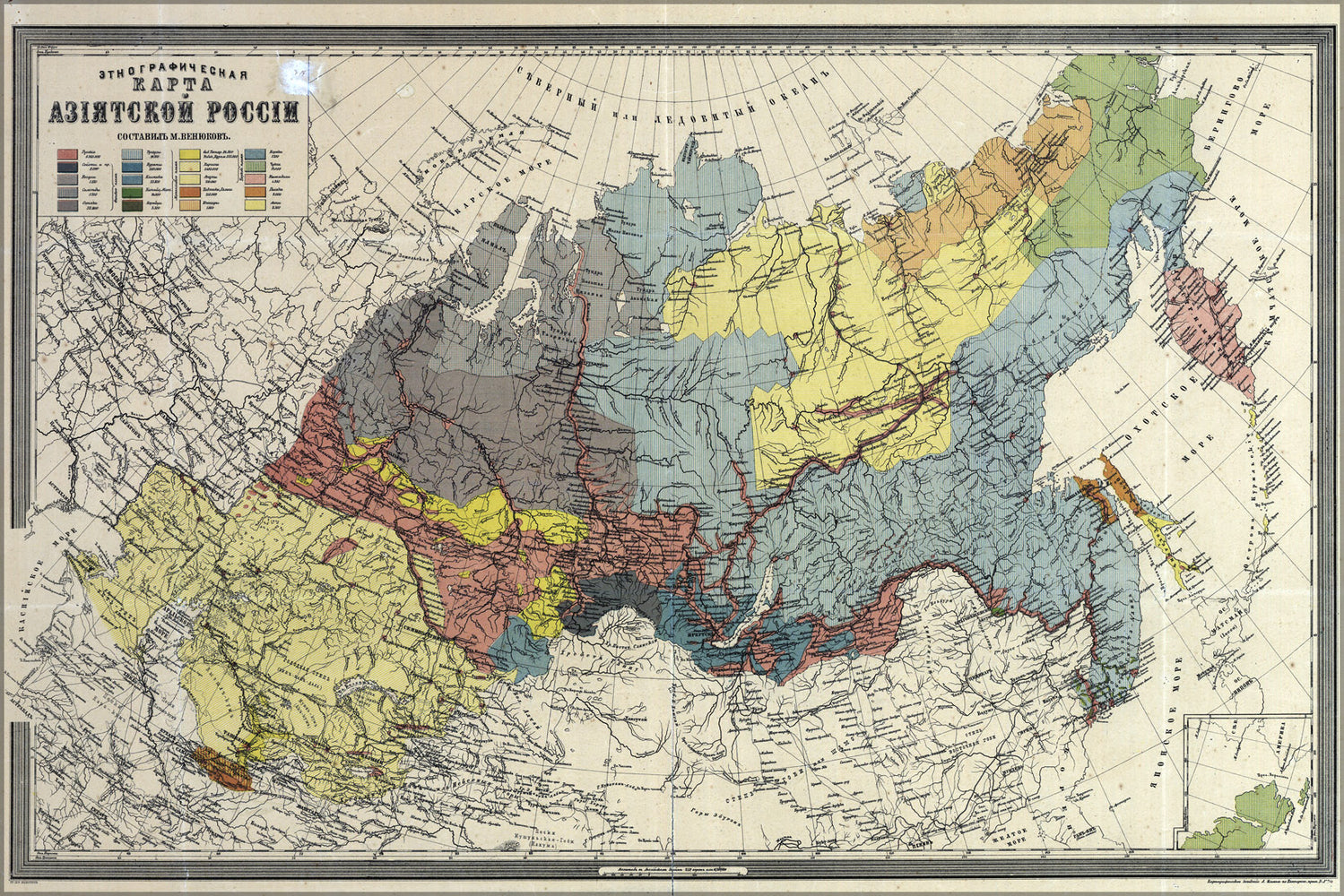 24"x36" Gallery Poster, Ethnology map of Asiatic Russia 1870 in russian