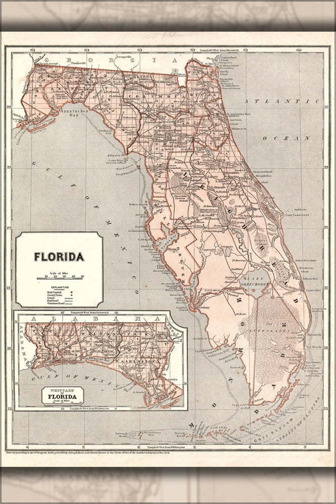 24"x36" Gallery Poster, Florida; Inset map of west part of Florida 1842