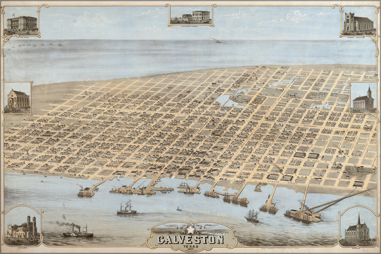 24"x36" Gallery Poster, Galveston, Texas in 1871. Bird's Eye View Map