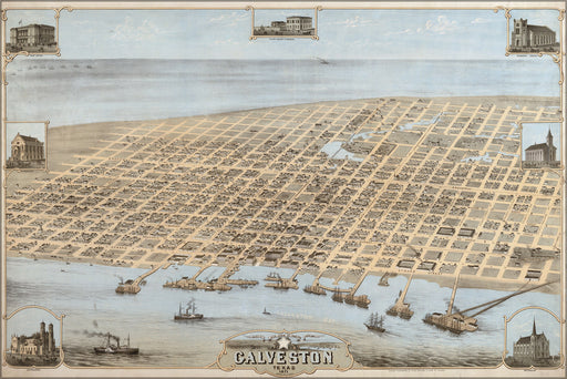 24"x36" Gallery Poster, Galveston, Texas in 1871. Bird's Eye View Map