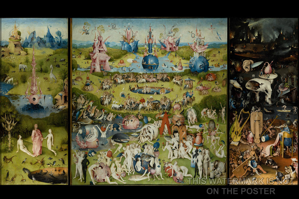 24"x36" Gallery Poster, Garden of Earthly Delights triptych by Hieronymus Bosch (c. 1503) Paradise and Hell