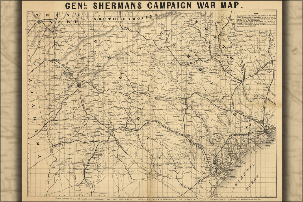 24"x36" Gallery Poster, General Shermans civil war campaign map 1864