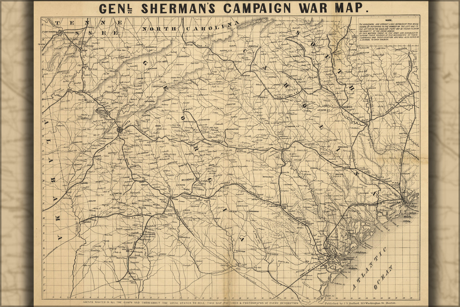 24"x36" Gallery Poster, General Shermans civil war campaign map 1864