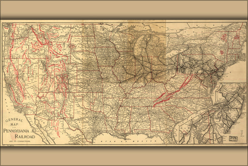 24"x36" Gallery Poster, General map of the Pennsylvania Railroad and its connections 1893