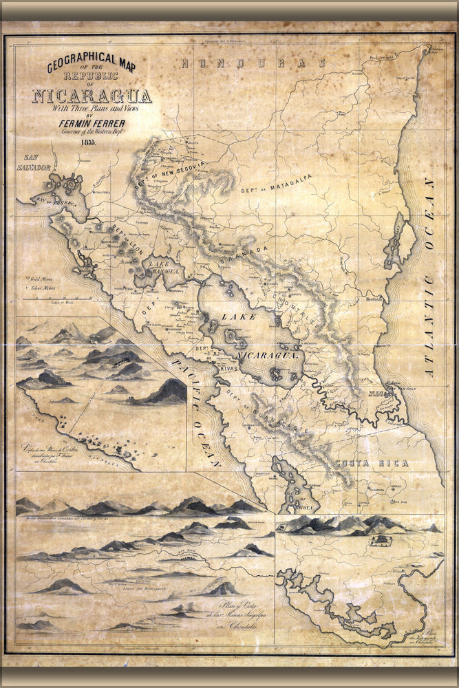 24"x36" Gallery Poster, Geographical Map of Nicaragua 1855