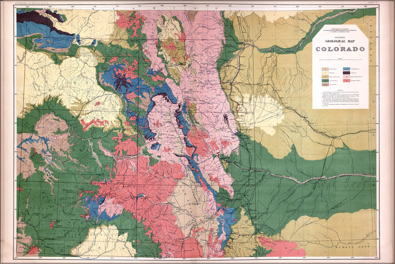 24"x36" Gallery Poster, Geological Map of Colorado 1877