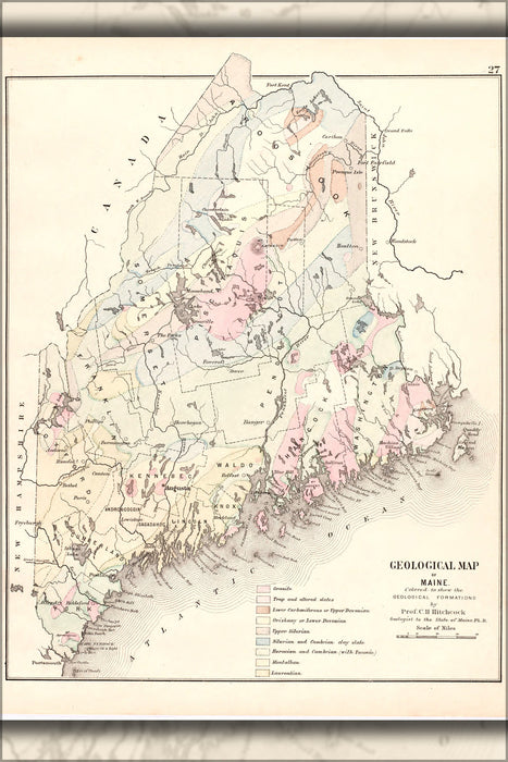 24"x36" Gallery Poster, Geological Map of Maine 1886